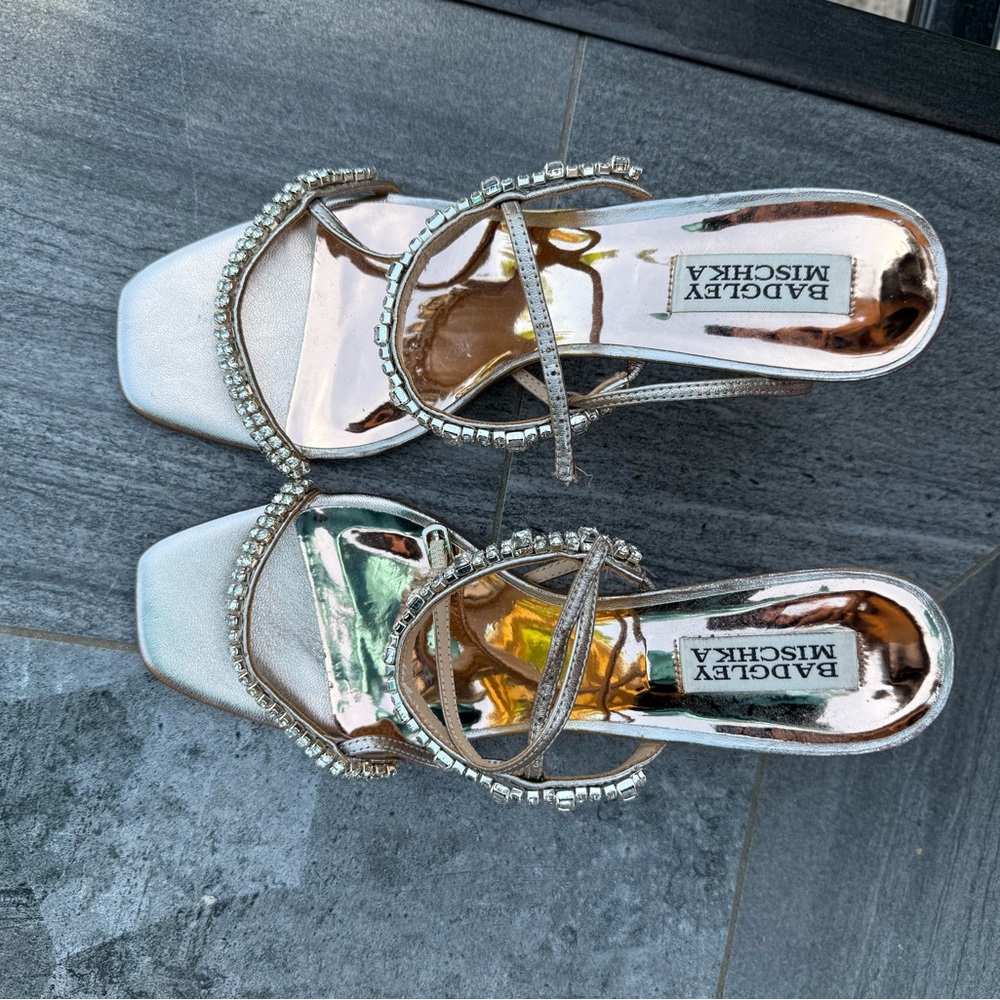 Badgley Mischka Rose Gold Strappy Heels Sandals with crystals, 8.5